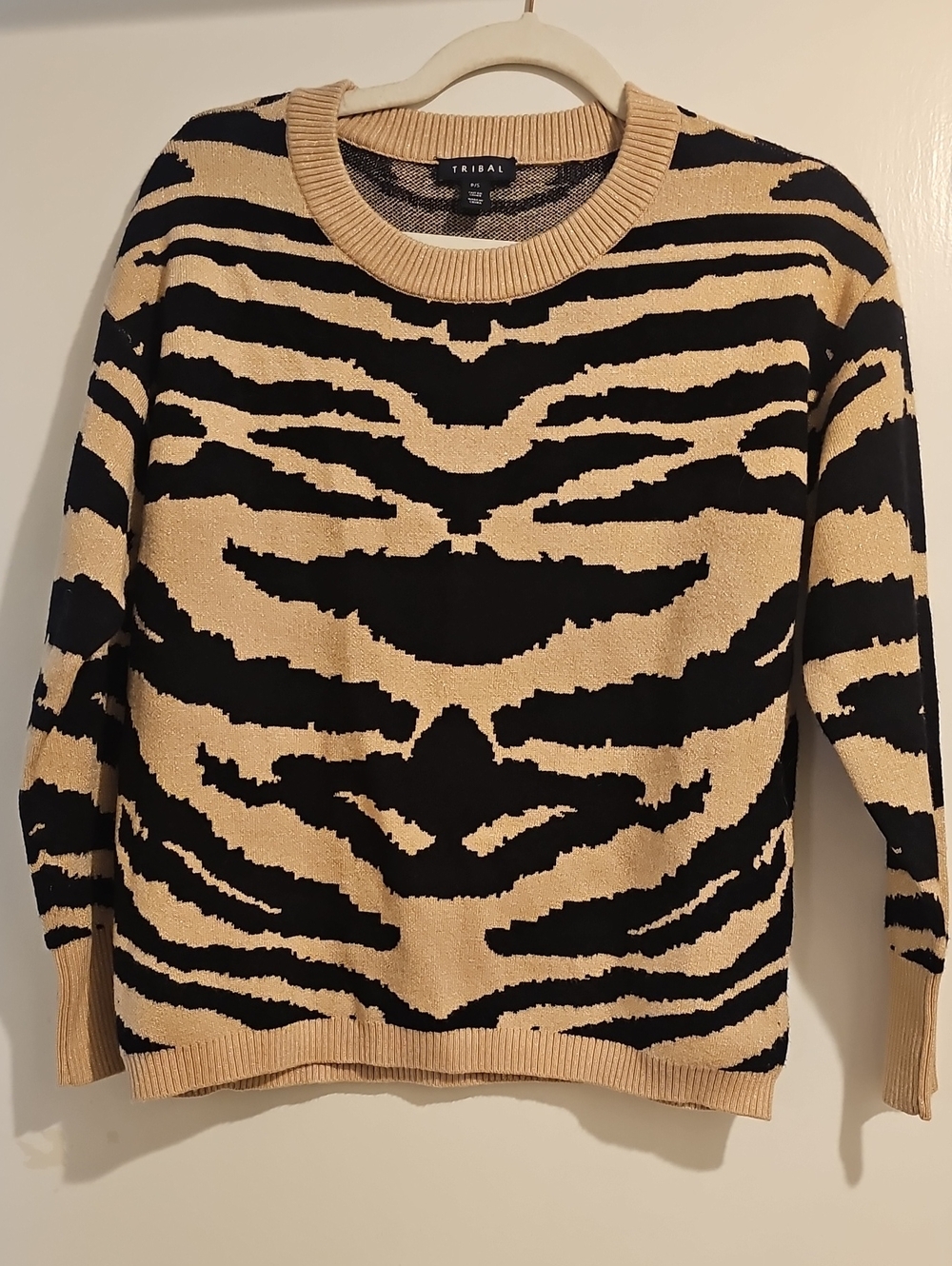 Tribal Black and Beige Zebra-Stripe Crewneck Sweater